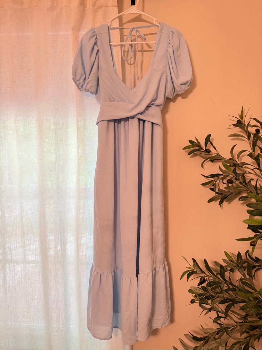 Light Blue Puff-Sleeve Maxi Dress with Wrap Bodice